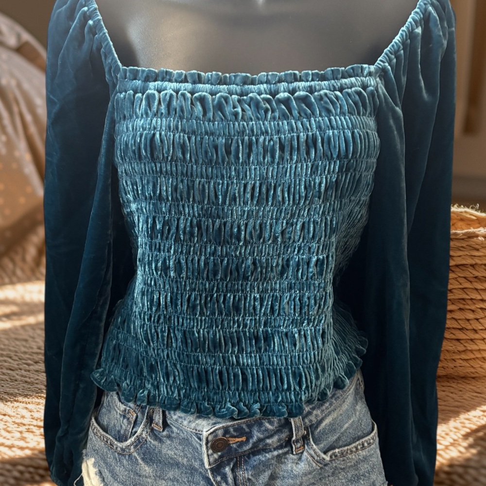 Anthropologie Teal Smocked Blouse